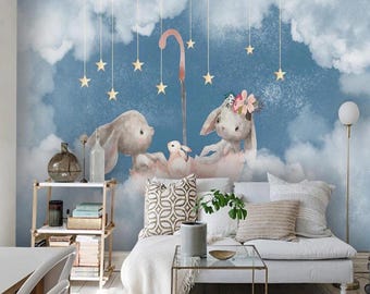 Baby Bunny Wallpaper – Soft Rabbit & Fluffy Cloud Design for Nursery Wallpaper