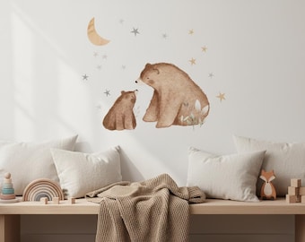 Bear and Cub Wall Stickers, Woodland Nursery Decals, Neutral Beige Moon Stars Wall Art