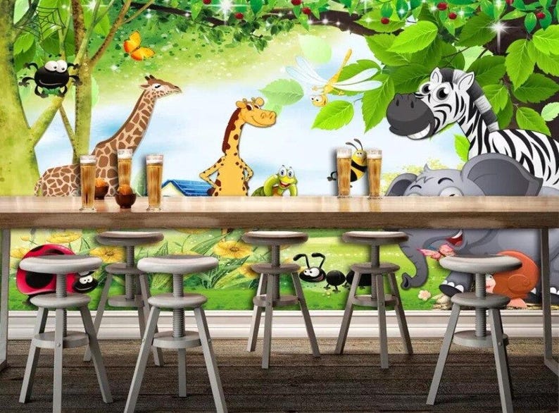 Cartoon Jungle Animal Wallpaper Mural: Kids Nursery & Playroom Decor - Etsy