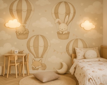 Neutraal luchtballonbehang – Beige dierenmuurschildering met wolken voor baby- en peuterkamer