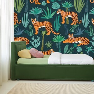 Carta da parati murale con tigre smeraldo nella giungla – Carta da parati con fauna selvatica verde per camera da letto, cameretta dei bambini o parete decorativa