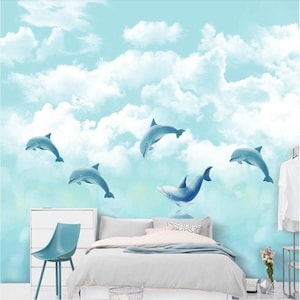 Blue Dolphins in the Clouds Mural Wallpaper – Dreamy Ocean Sky Wall Art for Nurseries & Kids&#39; Rooms