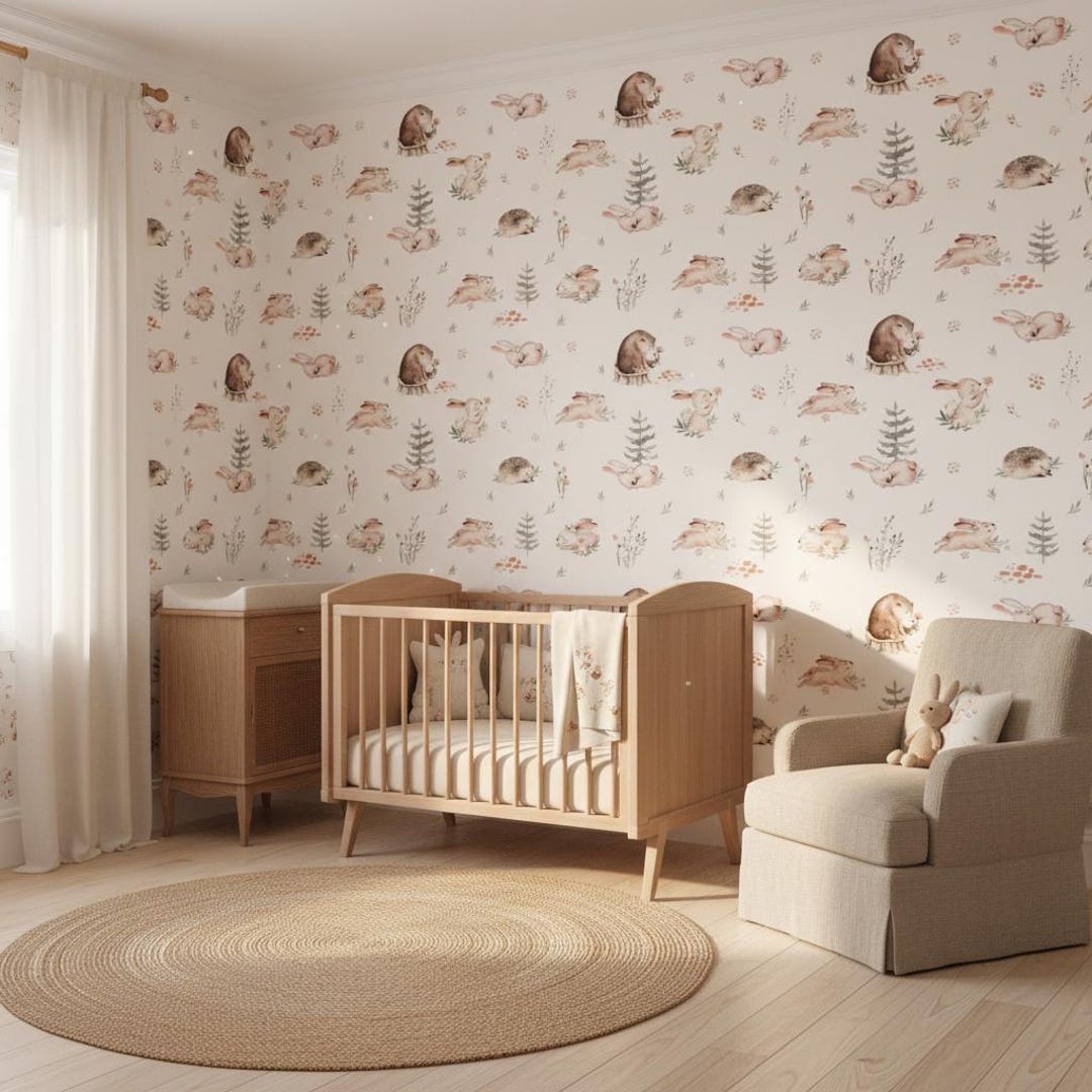 Woodland Animal Nursery Wallpaper, Soft Forest Animals Wall Design ...