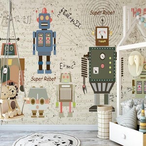 Carta da parati murale con robot educativo matematico: divertente decorazione murale per l'apprendimento, ideale per camerette, aule o sale giochi per bambini.