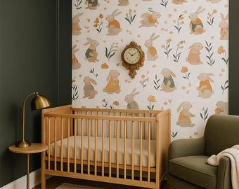 Whimsical Bunny Nursery Mural Wallpaper – White Floral Forest Design for Kids’ Room
