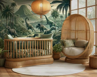 Forest Dinosaur Wallpaper Mural: Green Jungle Dino Nursery Decor