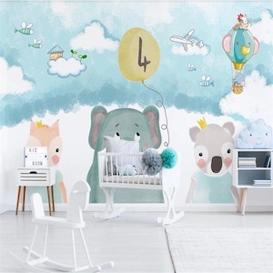 Cartoon Bears, Balloons & Elephants Mural Wallpaper – Whimsical Nursery Wall Art for Boys and Girls