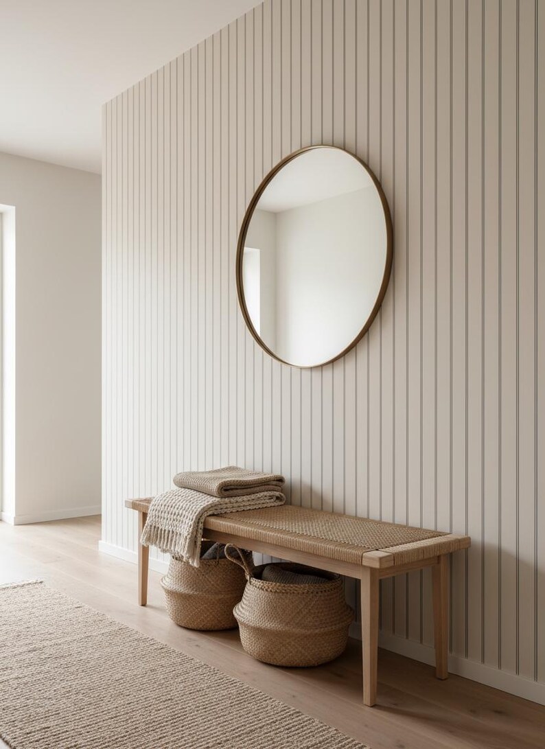 May include: A neutral-toned entryway featuring a wooden bench with a woven seat, topped with folded blankets. Two woven baskets sit below. A round mirror with a gold frame hangs on the striped wall. A rug is on the floor.