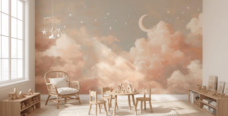 Pink Cloud Moon Nursery Wallpaper – Baby Girl Room Decor - Etsy