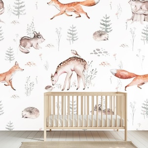Papier peint mural Fox & Bunny - Design animalier blanc de la forêt pour chambre de bébé ou d&#39;enfant