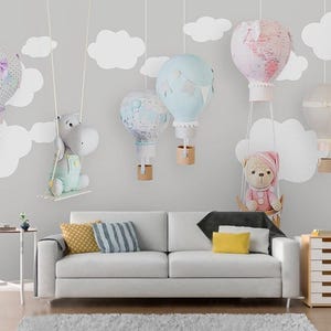 Grey Hot Air Balloon Wall Mural – Neutral Clouds Wallpaper for Nursery or Toddler Room Decor