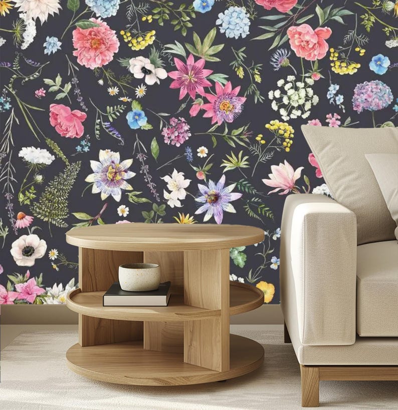 Dark Floral Wallpaper Mural – Midnight Botanical Bloom Design for ...