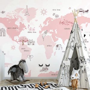 Papier peint mural explorateur du monde rose et blanc pour filles – oeuvre d'art murale sur le thème de l'aventure pour chambre d'enfant ou salle de jeux
