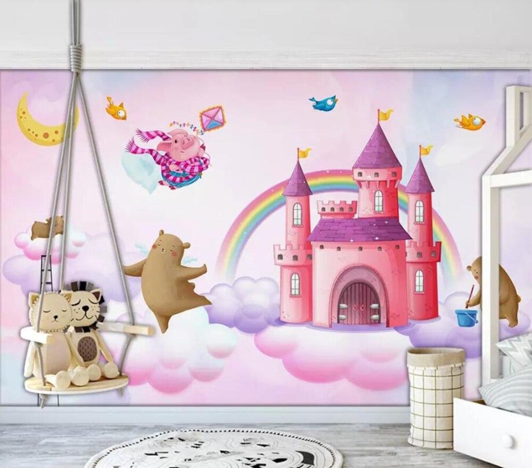 Princess Castle Wall Mural – Pink Rainbow Fairytale Wallpaper for Girls ...