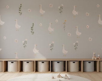 Neutral Duck & Floral Wall Stickers – Scandinavian Nursery Decals