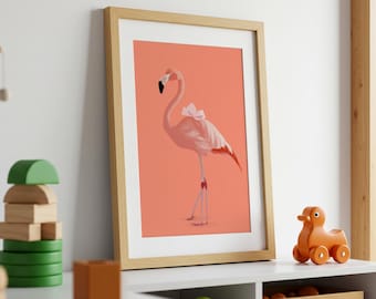 Lámina artística de flamenco rosa – Decoración de pared para habitación infantil con lazo