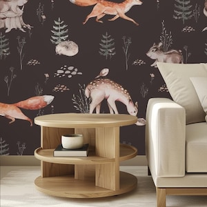 Carta da parati murale con animali della foresta di mezzanotte – Carta da parati con animali selvatici del bosco per cameretta dei bambini, cameretta per bambini piccoli o cameretta per bambini