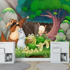 Fairytale Forest Wall Mural – Cartoon Woodland Animal Wallpaper for Nursery or Toddler Room Decor