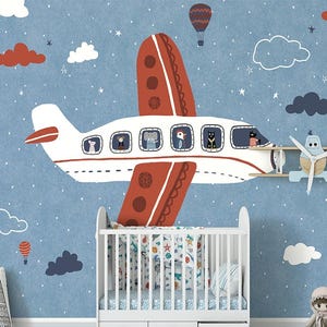 Cartoon Flying Animals and Aeroplane Mural Wallpaper – Whimsical Nursery or Playroom Wall Art
