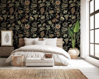 Mural floral vintage oscuro: diseño botánico negro