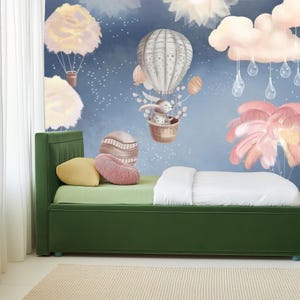 Balloon Bliss Wall Mural – Dreamy Hot Air Balloon Wallpaper for Nursery, Toddler Room or Soft Pastel Kids Decor