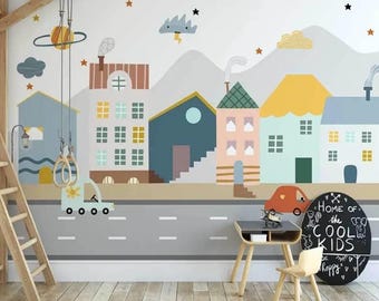 Muurschildering ministad – Bright Village-ontwerp voor kinderkamer, kinderkamer of speelkamer