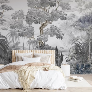 Monochrome Jungle Mural Wallpaper – Black & White Tropical Landscape Design for Feature Wall