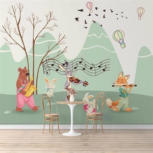 Musical Forest Animals Mural Wallpaper – Whimsical Woodland Wall Art for Nurseries and Kids’ Rooms