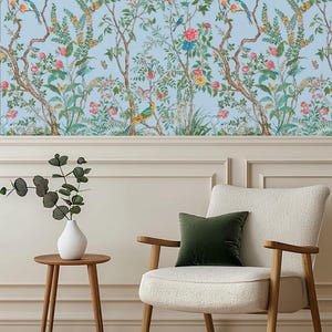 Carta da parati murale con fauna selvatica floreale blu - Elegante decorazione murale naturale per camera da letto o soggiorno