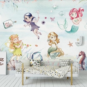 Carta da parati murale "Sirena Seaworld" - Carta da parati con oceano sottomarino per cameretta, cameretta per bambini o cameretta per bambini piccoli