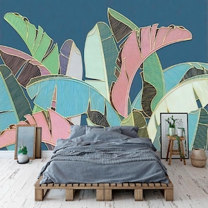 Nordic Navy Tropical Leaves Mural – Vibrant Botanical Wallpaper for Bedrooms, Living Rooms or Hallways