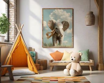 Vintage Elephant Nursery Print – Classic Baby Animal with Ribbon