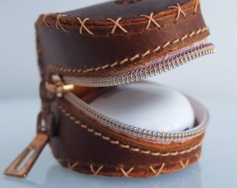 Hand-Stitched Leather Earphone Case: AirPods, Cables & Coins Pouch