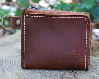 Handmade Crazy Horse Leather Zipper Wallet with Key Ring
