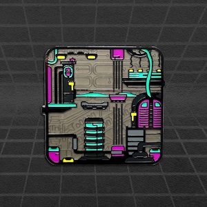 May include: A black and grey enamel pin featuring a detailed design of a futuristic cityscape. The pin incorporates a variety of colours, including blue, yellow, pink, and purple. The pin is a great way to add a touch of style to your clothing or bag.