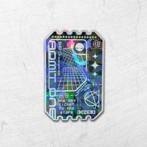 Biljett till stjärnorna holografisk vinyldekal - Cyberpunk / Glitch Laptopklistermärke - Futuristisk Alien Astropunk / Space Sci-Fi-dekal