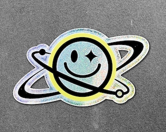 Planet ? Holographic Vinyl Decal - Cyberpunk Saturn Laptop Sticker - Futuristic Astropunk / Space Sci-Fi Water Bottle Decal