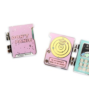 Hinged Hitchhiker's Guide Enamel Pin - HHGTTG Don't Panic Lapel Pin / Badge - Space Kawaii Pastel Pin