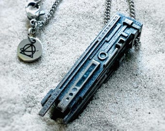 Meteorite Dust Monolith Pendant - Weathered Steel Dystopian Relic Necklace - Sci-fi Space Jewelry