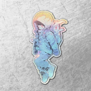 May include: A holographic sticker featuring an astronaut in a spacesuit. The astronaut is depicted in a dynamic pose, with a helmet and backpack. The sticker has a colorful, iridescent finish, with shades of blue, yellow, and pink.