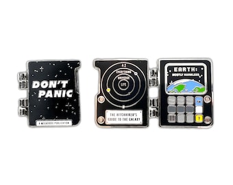 Hinged Hitchhiker's Guide Enamel Pin - HHGTTG Don't Panic Lapel Pin / Badge - Sci Futuristic Classic Book Pin