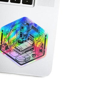 Isometric Cyberpunk Holographic Vinyl Decal - Sci-fi Crew Quarters Astropunk Laptop Sticker - Futuristic Glitch / Space Bumper Sticker