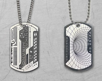 Cyberpunk Meteorite Dust Dog Tag Necklace - Reversible Stainless Steel  Dystopian / Astropunk Pendant - Custom Sci-Fi Jewelry