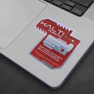 Halte humaine ! Sticker aluminium Biohazard - Sticker vinyle cyberpunk futuriste - panneau d'avertissement de laboratoire pour accessoires de science-fiction