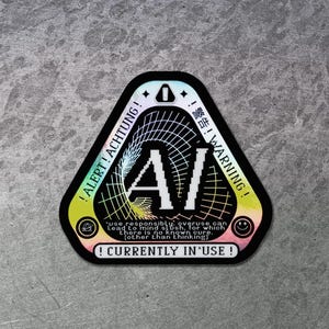 I.A. Sticker vinyle holographique utilisé - Sticker avertissement cyberpunk pour ordinateur portable - Sticker astropunk futuriste / science-fiction spatiale
