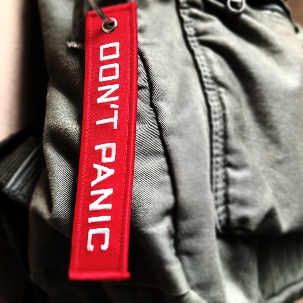 Don't Panic "Remove Before Flight" Keychain - Hitchhiker's Guide EDC Keychain / Sci-Fi Geek Gift