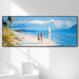 Abstract Ocean Sailboat Decor Oil Painting Romantic Couple Beach Seascape Beautiful Wedding Decor Unique Original Art Valentine's Day Gift
