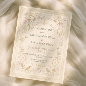 Könnte beinhalten: Cremefarbene Einladungskarte zur Verlobungsfeier mit floralen und Vogelillustrationen. Der Text lautet "Engagement Party honoring William Anderson & Emily Thompson" mit Veranstaltungsdetails. Mit dekorativem Rahmen.