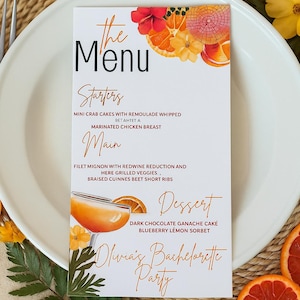 de menu d'enterrement de vie de jeune fille aux agrumes tropicaux | Menu d'été imprimable 4 x 9 po | Menu orange et floral pour shower de mariage | Téléchargement instantané au format PDF
