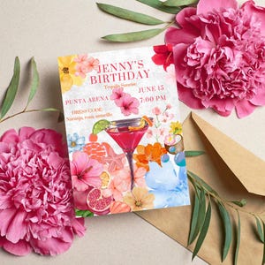 Cartão de aniversário, cartão de convite de aniversário editável, cartão de convite de aniversário com tema de flores, cartão de convite, cartão de convite para meninas